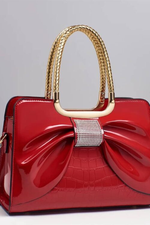 Patent Bow Satchel with Gold Braided Handles – Ruby Red