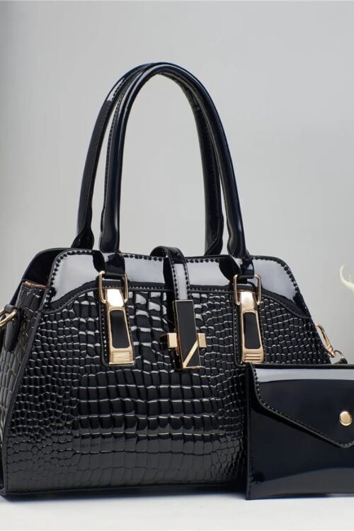 Elegant Black Crocodile Embossed Glossy Patent