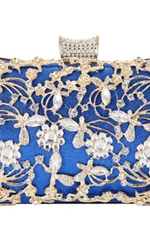 Royal Blue Filigree Crystal Evening Clutch Bag with Gold Floral Overlay