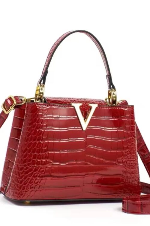 Luxury Red Crocode-Embossed Faux Leather Handbag – Structured Top-Handle Purse with Gold V-Accent