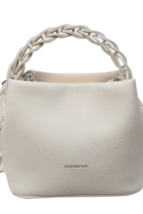 Minimalist Off-White Lychee Grain Bucket Bag with Woven Braided Handle