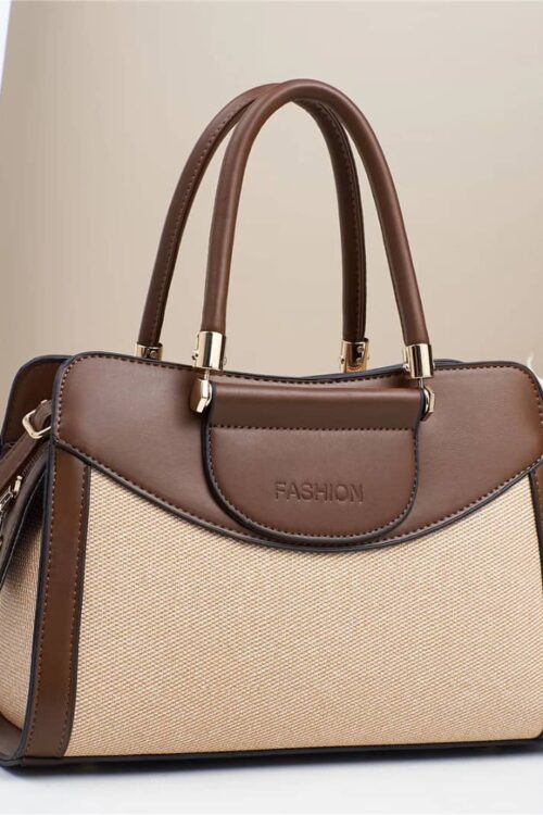 Elegant Two-Tone Canvas and Brown Leather Satchel Bag with Adjustable Crossbody Strap