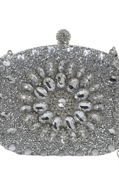 Silver Oval Crystal Evening Clutch Bag with Sunflower Rhinestone Burst