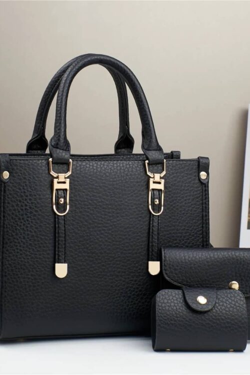 Classic Black Pebble-Textured Satchel Bag Set – 3-Piece Luxury Work Tote, Medium Flap Clutch, and Snap Coin Wallet