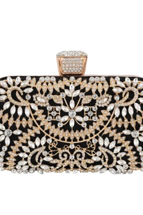 Opulent Floral Rhinestone Evening Clutch Bag with Gold Filigree Overlay