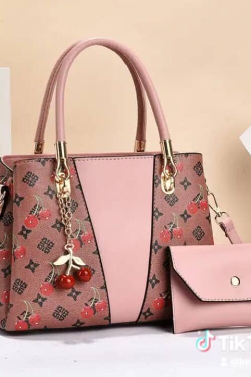 Luxury 2-Piece Women’s Handbag Set – Structured Cherry Print Satchel Tote with Contrast Pink Panel, Matching Envelope Clutch & Fruit Pendant