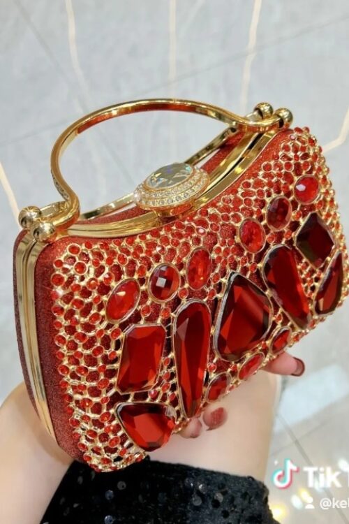 Luxury Ruby Red Crystal Embellished Clutch Bag with Gold Top Handle Frame